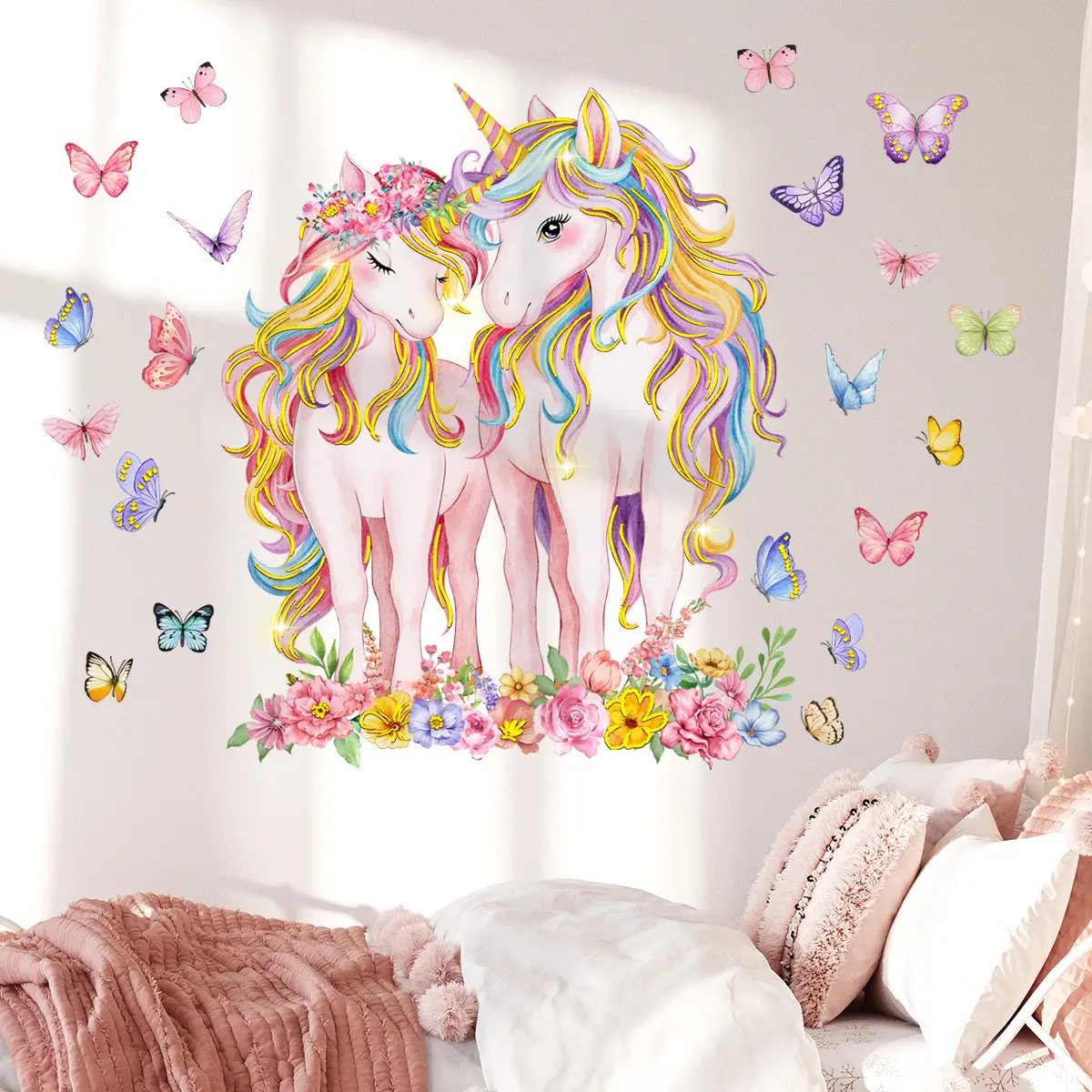 Set of 2 pieces (30*60cm*2pcs) watercolor gold-foil rainbow unicorn graphic decal wall decals, dreamy fairy tale themed, self-adhesive Decorative wall stickers for bedroom and living room decoration, Wall Stickers Decorations