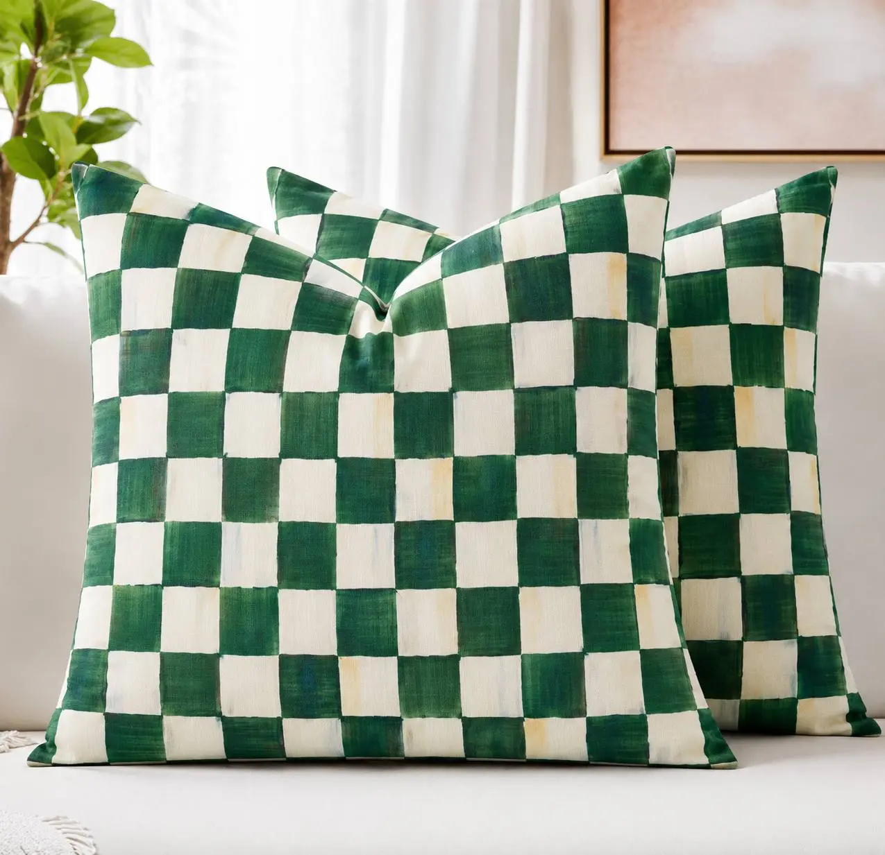 Mackenzie Childs Emerald Check Velvet Standard Pillowcases, Super Soft and Cozy Luxury Fuzzy Flannel Pillow Cases with Zipper