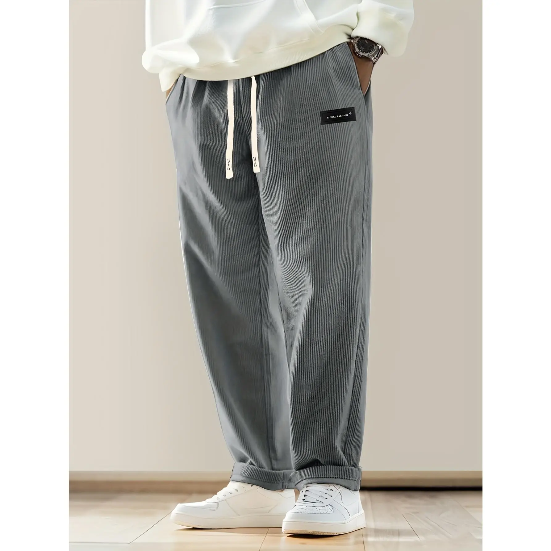 Men's Corduroy Casual Joggers - 1-Pack Menswear, Drawstring Waist, Back Pockets, Stylish Lettering Label, Casual Fashion Pocket, Ideal for Everyday Wear, Simple, Trouser