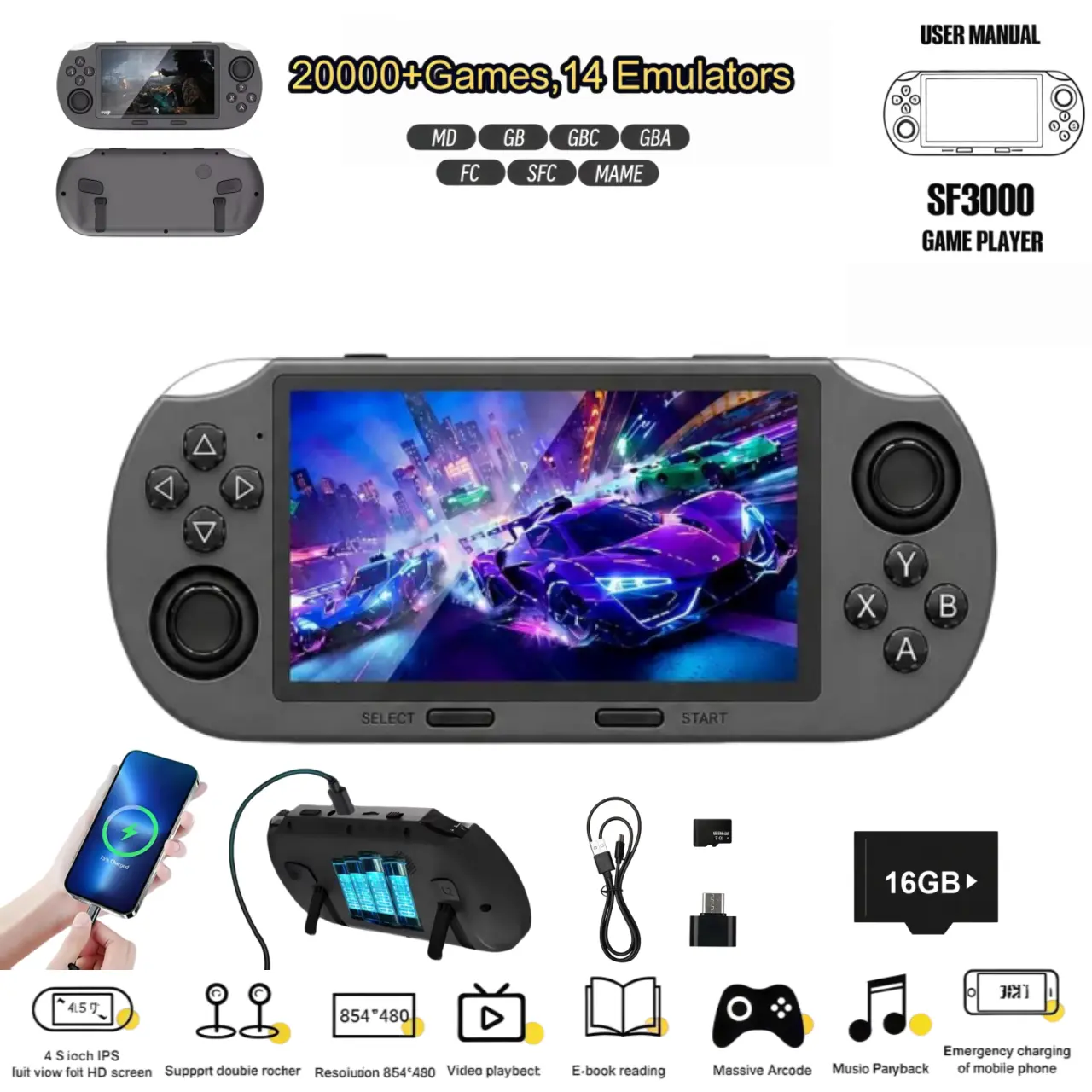 SF3000 Portable Retro Handheld Game Console: 4.5-inch IPS screen, built-in 14 emulators, over 20,000 games, HD TV output, supports e-books/music/video playback/phone emergency charging, dual-core processor