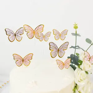 64 Pcs 3D Butterfly Cupcake Toppers with Gold Trim – Elegant Cake Decorations in Pink & Purple for Parties, Anniversaries, and Events – Assorted Sizes