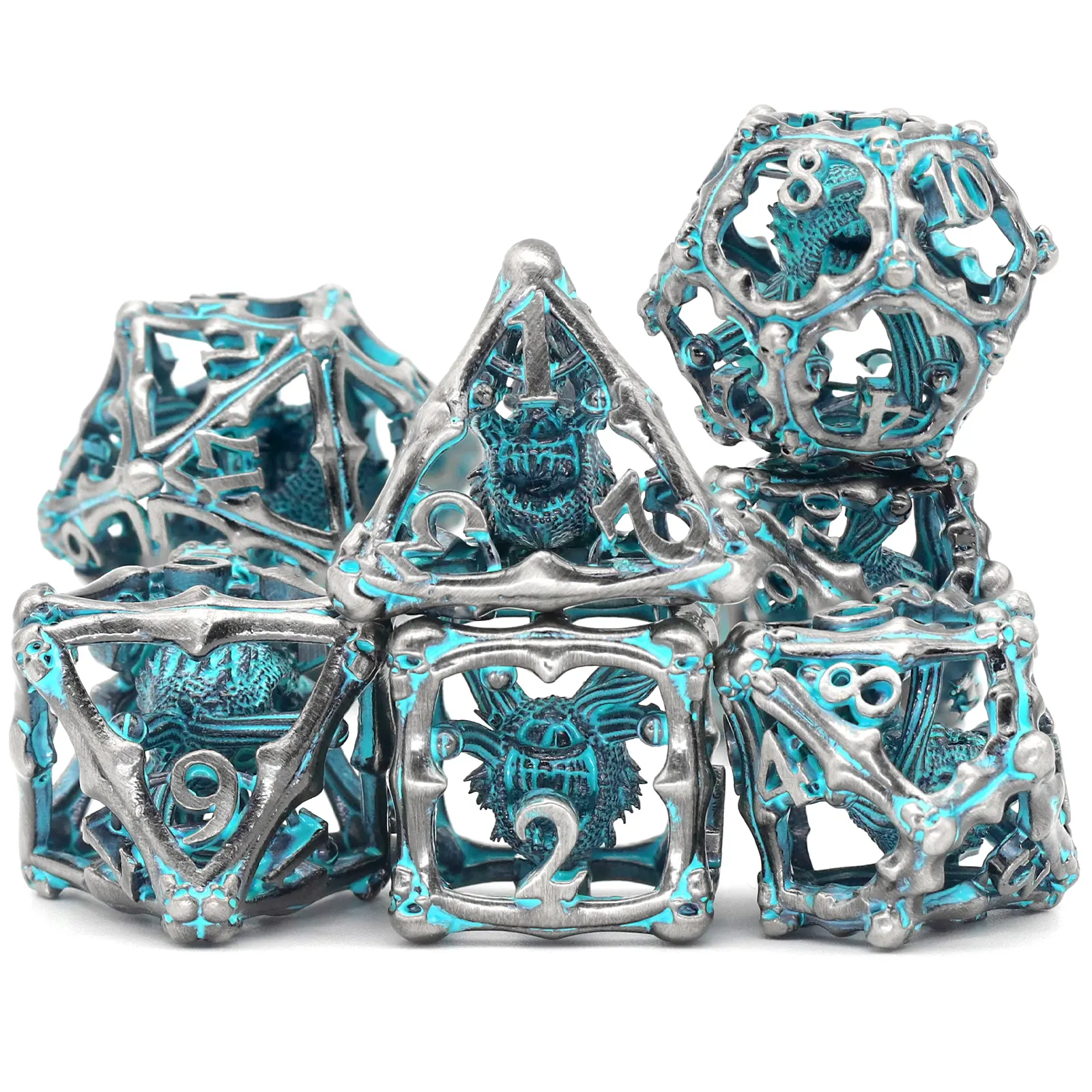 7PC BPA-Free Balanced and Weighted Copper Metal Monster-Themed Dragon Eye Beholder Polyhedral Dice Set - Collectibles for Adult RPG Games, Easy to Read Dice for Dungeons and Dragons