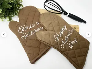 Personalized Oven Mitts & Pot Holders - Customized Kitchen Gifts for Grandma & Mother's Day - 100% Cotton Heat Insulation - Brown Color - TIKTOK Customization Available