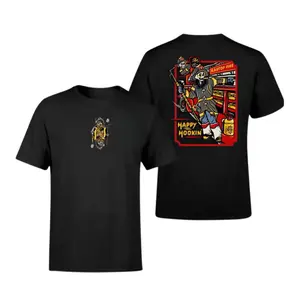 Happy Hookin Firefighter T-Shirt, Funny Skeleton Fireman Graphic Tee with Fire Truck Design, Cartoon Style Firefighter Shirt for First Responders, Firemen & Firefighter Fans