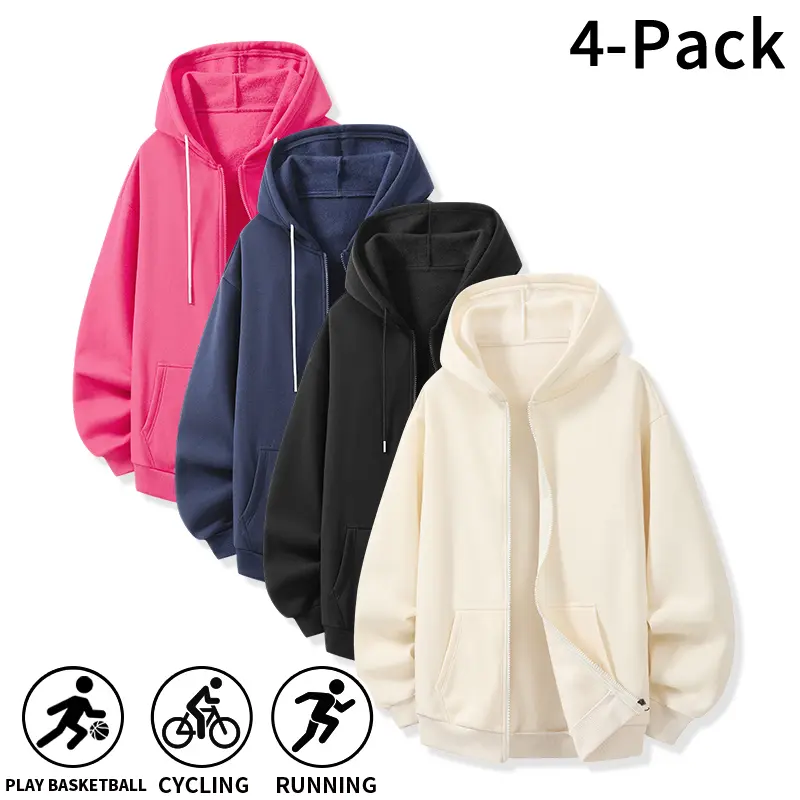 4‑Pack Men Autumn Winter Full Zip Up Hoodie, Loose Long Sleeve Hooded Sweatshirt, Easy On‑Off Full Zip Design Casual Jacket for Young Men Workout Sports Daily Street Going‑Out