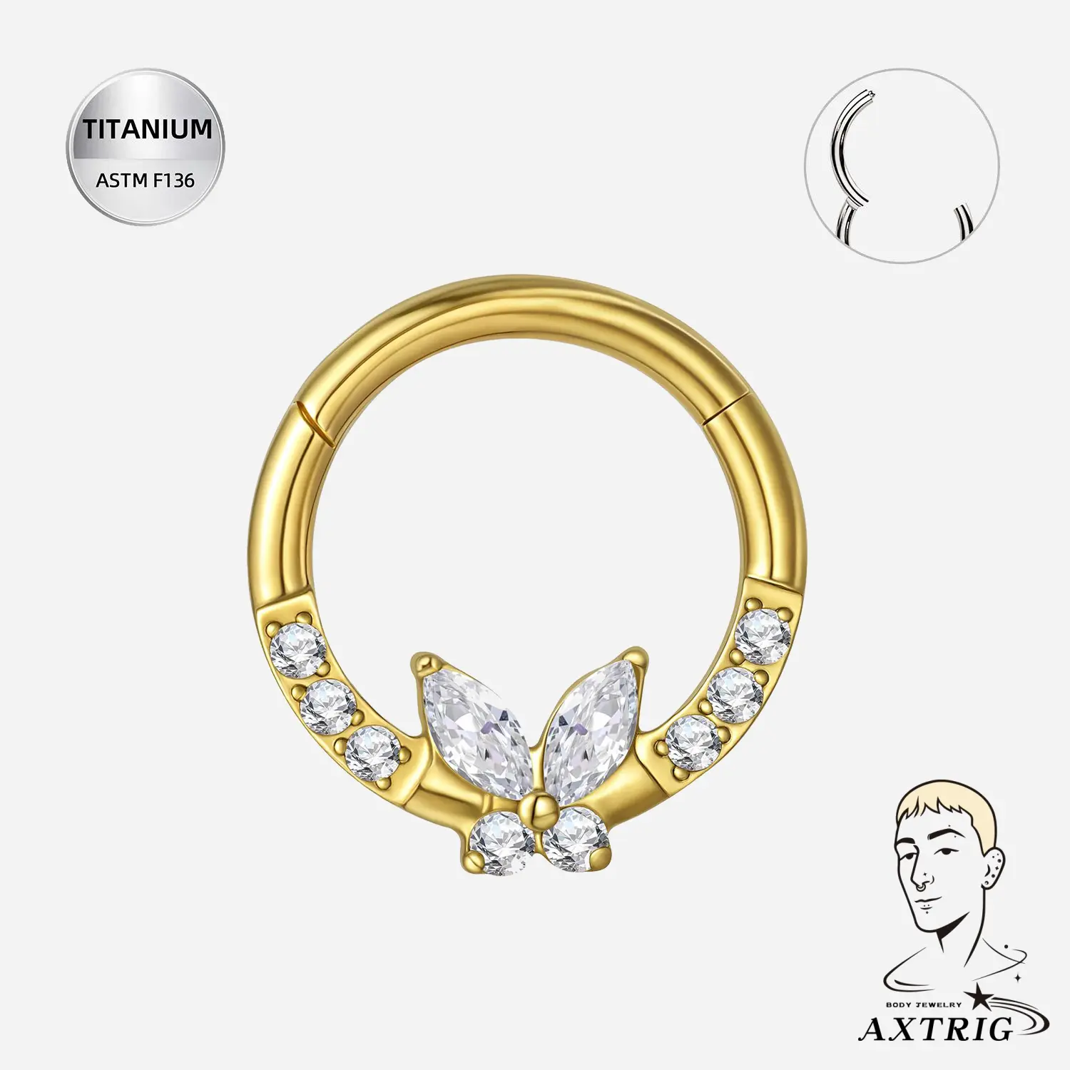 8mm Septum Ring, 16G Butterfly Implant Grade Titanium Hinged Hoop with Cubic Zirconia for Daith & Cartilage Piercings, Hinged Close