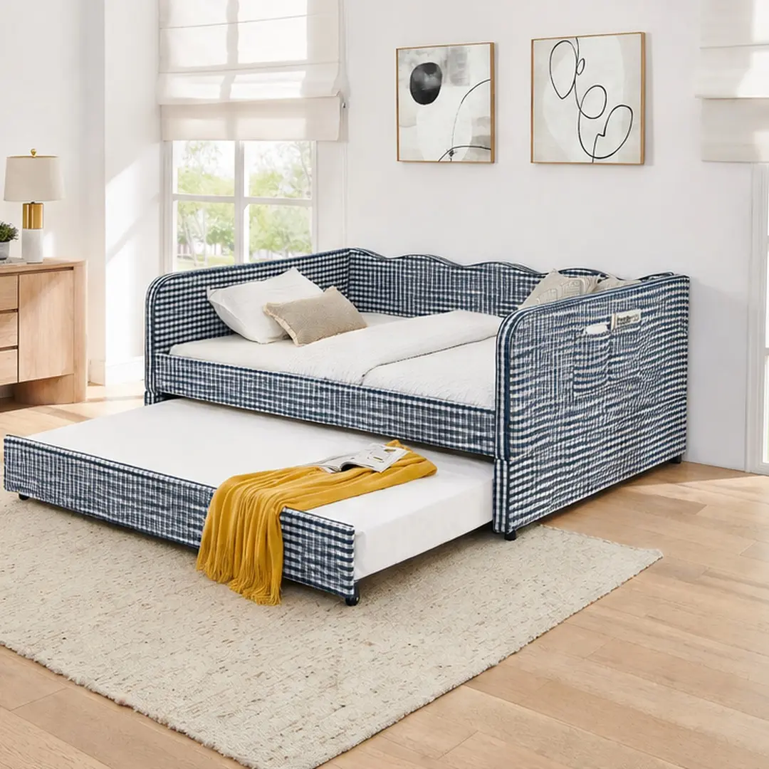 Full Size Daybed with Trundle, 3-in-1 Convertible Sofa Bed Gingham Upholstered Dark Blue, Pull Out Trundle Bed with Storage Pockets, Multi-Functional Sofa Couch for Living Room Guest Room Small Space, Dark Blue Color Options, MDF Material
