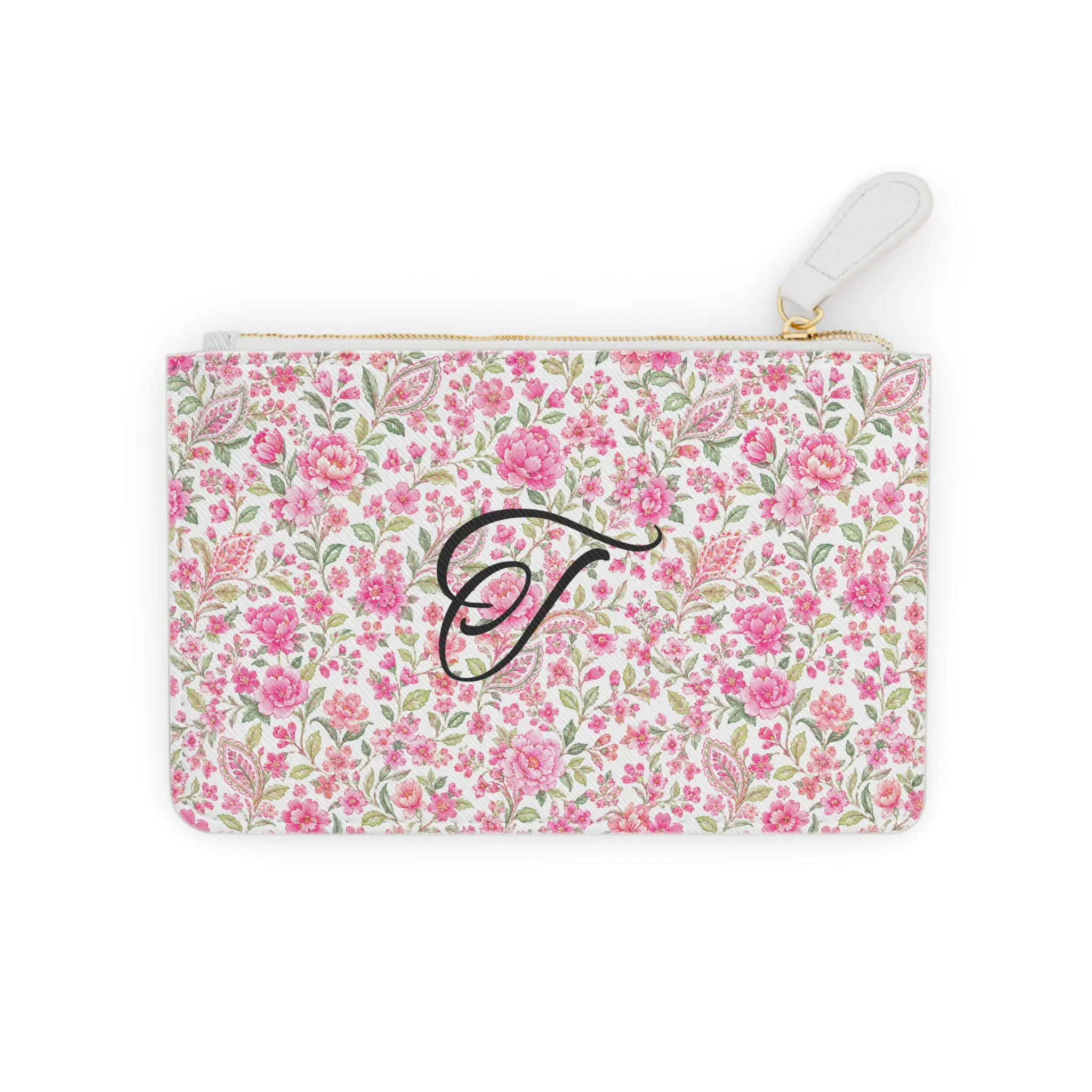 Floral Monogram T Mini Clutch Bag | Pink Rose Pattern, Personalized Initial