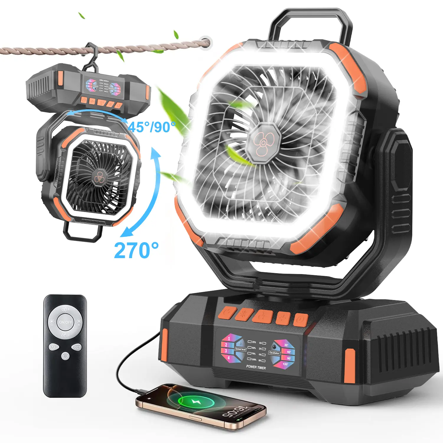 Camping Fan Rechargeable 40000mAh, Portable Camping Fan Battery Powered with Remote & LED Light, 4 Speeds Strong Airflow for Tent/Travel/Outdoor/Fishing/Jobsite/Power Outages/Gifts