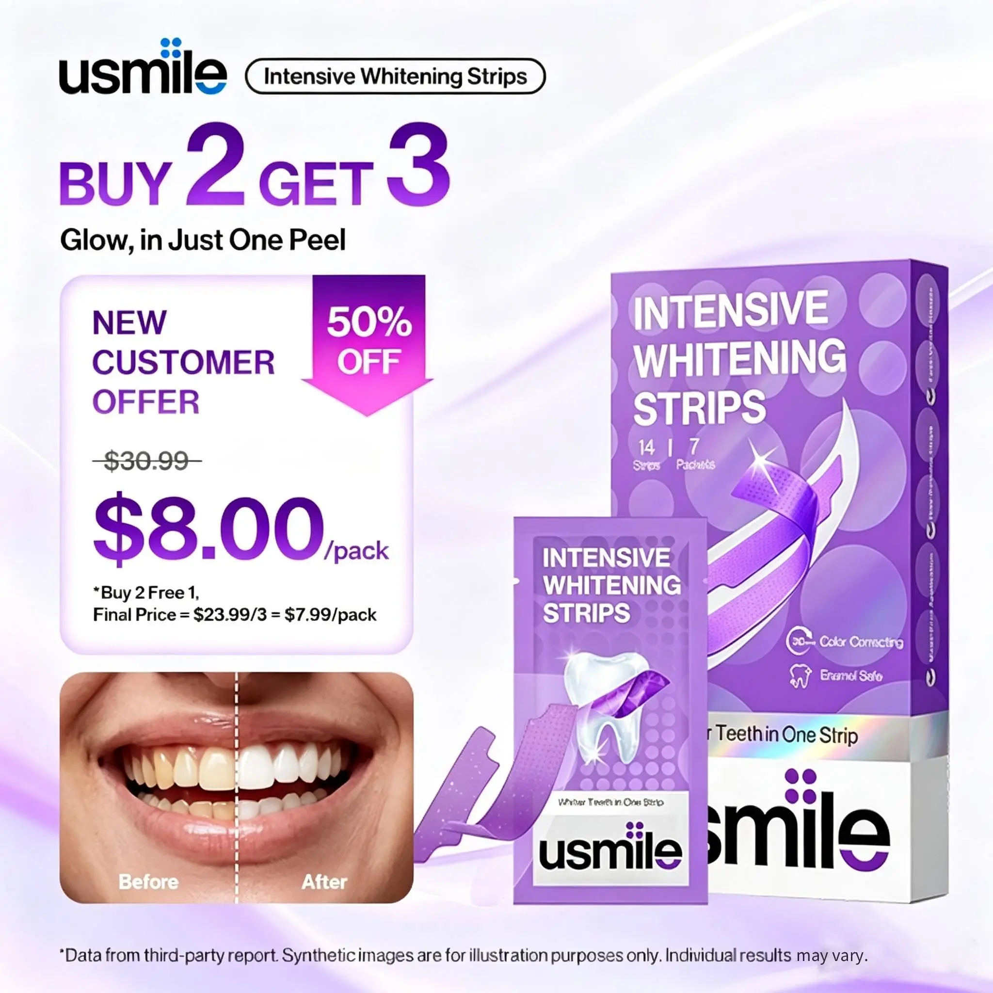 usmile Purple Teeth Whitening Strips - Teeth Brightener for Adults, No Purple Residue, 7/21 Whitening Sessions, 30-Min Hydrogen Peroxide Whitening, Color Correction, Non-Sensitive, Fresh Oral Care