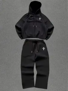 Men's Casual Sportswear Set, Minimalist Cross Logo Design, Cotton Blend Fabric, Hooded Loose Fit, Medium Length, Two-Piece, Tracksuit Sets