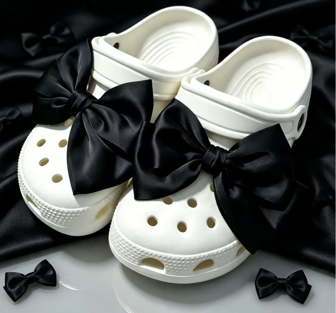 2Pcs Black Satin Bow Croc Shoe Charms, Elegant Bowknot Detachable Shoe Decorations, DIY Clog Shoe Embellishments, Summer Footwear Accessories, Holiday Gift for Women Girls (Shoes Not Included)