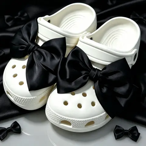 Women's 2Pcs Black Satin Bow Shoe Charms - Detachable Gift Bow Decorations, DIY Clog Embellishments, Summer Footwear Accessories (Shoes Not Included), Gift Bow Shoe Decoration Charms