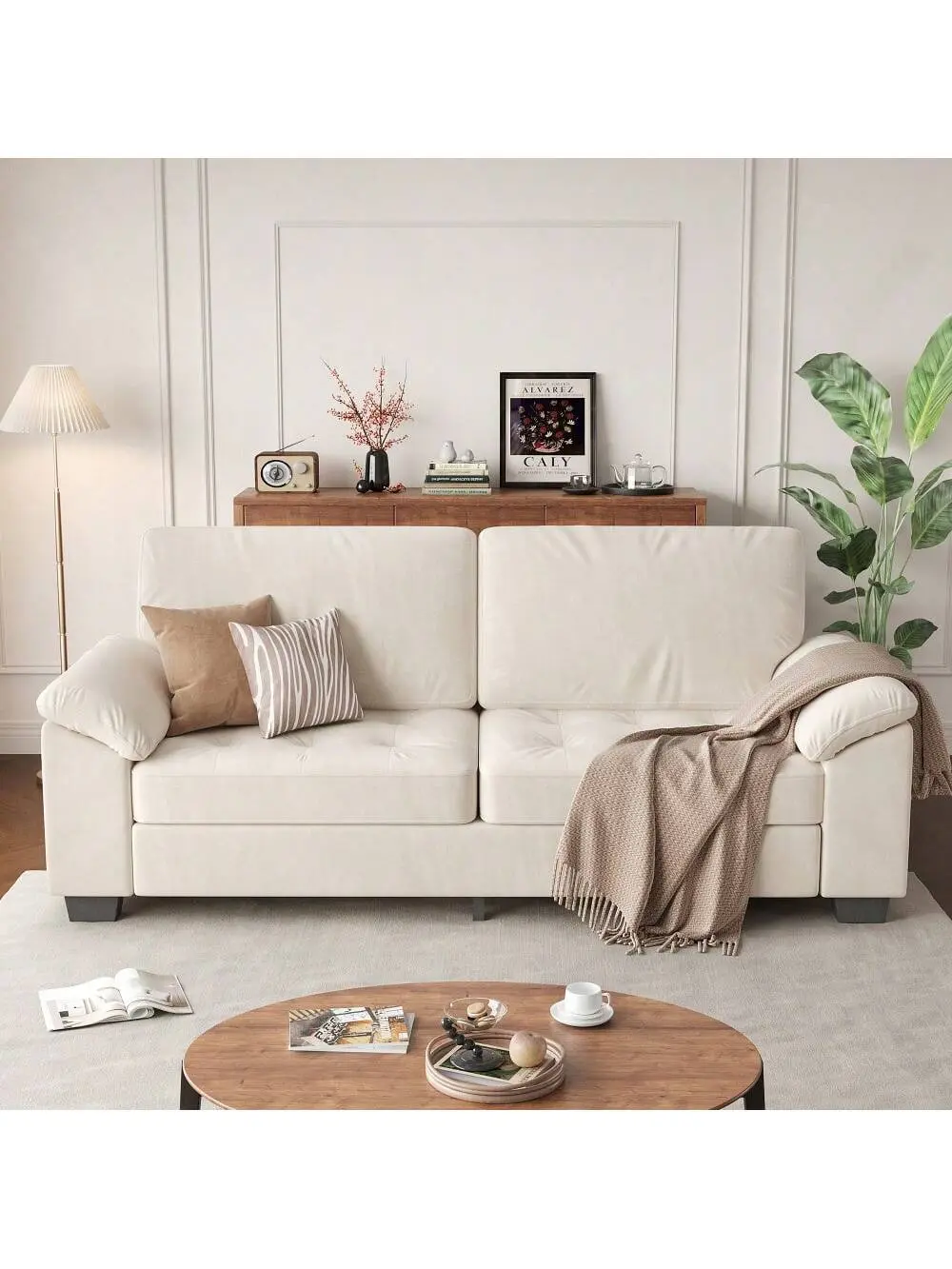 90" 3 Seater Sofa Counch Velvet Upholstered Oversized Loveseat With Soft Spacious Armrests, Comfy Button Tufted Couch For Living Room, Bedroom, Apartment, Beige