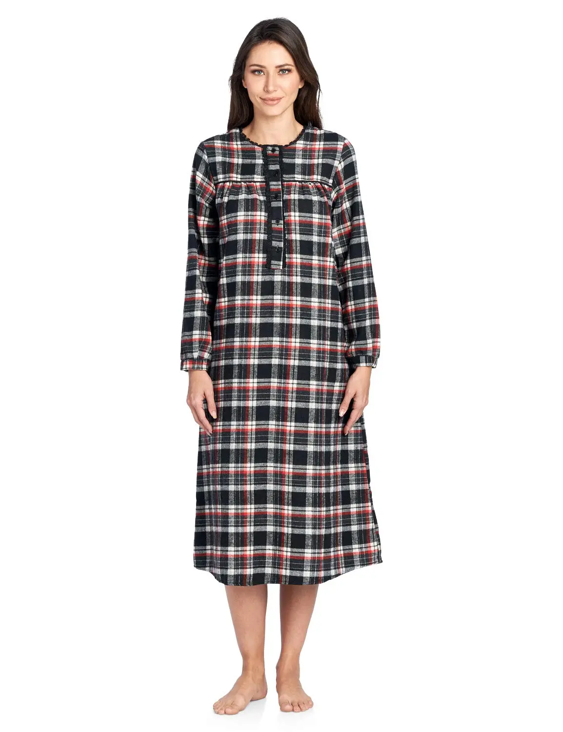 Ashford & Brooks Women's Elegant Pleated Flannel Nightwear, Comfortable Long Sleeve Sleep Dress with Lace Accents & Pockets, Longsleeves, Round Neck, Polyester, Birthdays, Hospital, Top, Fabric, Cotton, Pullover, Loungewear, Modest