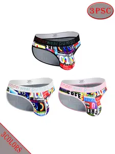 Men's 3-Pack Graffiti Street Style Seamless Boxer Shorts, Low Waist Hip-Lifting Mixed Color Printed Underwear, 60/35/5 Nylon-Cotton Blend, Breathable Sculpting Briefs for Gym-Beach, Spring Glow Up Summervibes Outdoor Sexy Pick for Bestie