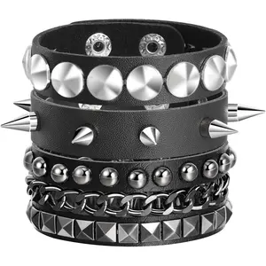 3 count Men Studded Cuff Bracelet Rivets Bracelet Leather Rivets Bracelet