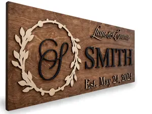Personalized Wooden Monogram Family Sign with Couples Names Custom Name Sign Unique Wedding Gift for Couples Rustic Established Date Plaque Gifts for Wife - Decor