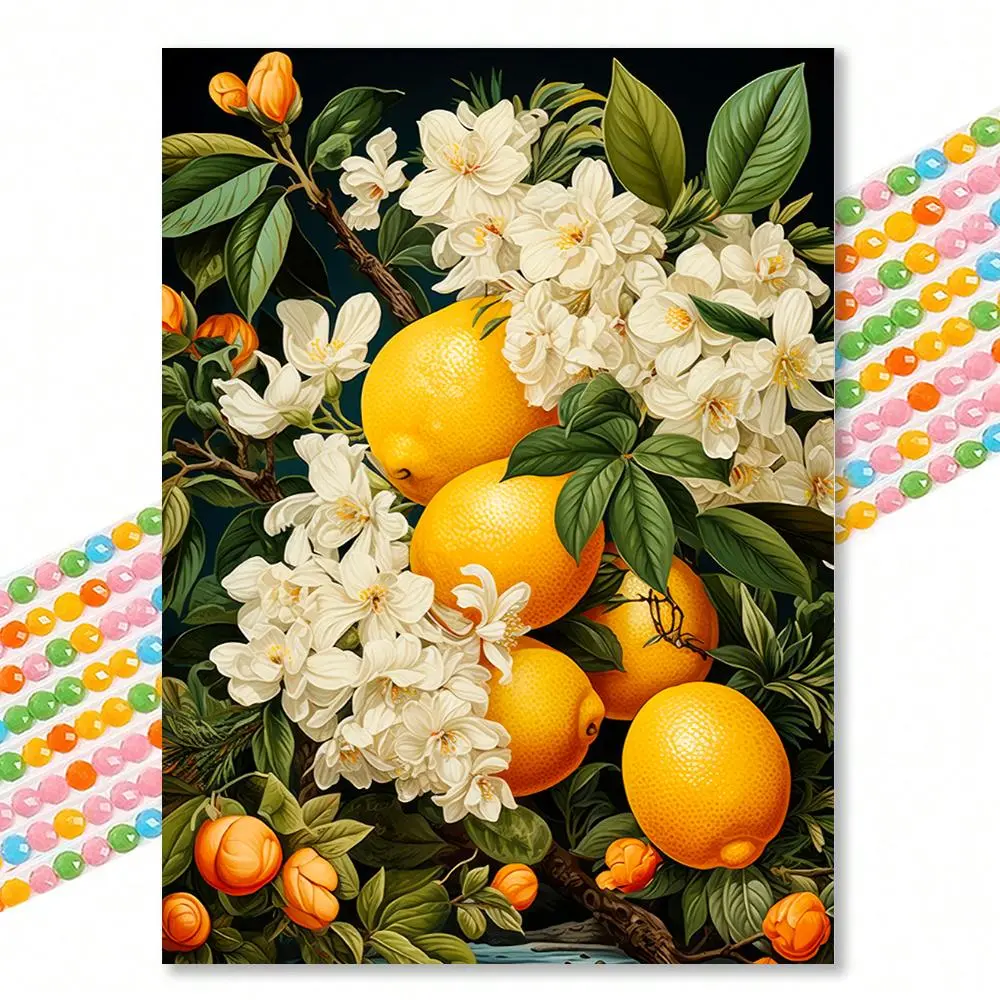 Lemon & Floral Pattern Diamond Arts Painting Kit, Crafts, Diamond Painting Kits, DIY Diamond Art Painting by Numbers Kit, Home Wall Decoration without Frame