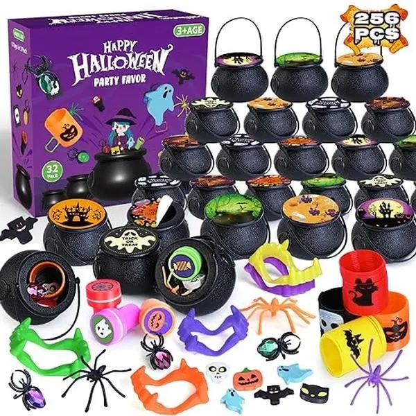 32 Pack (256 Pcs) Prefilled Witch Cauldrons with Halloween Toys, Halloween Goodie Bag Fillers, Halloween Party Supplies, Halloween Miniatures Novelty Toys | Halloween Goodie Bag Fillers, Halloween Party Supplies, Halloween Miniatures Novelty Toys for Kids
