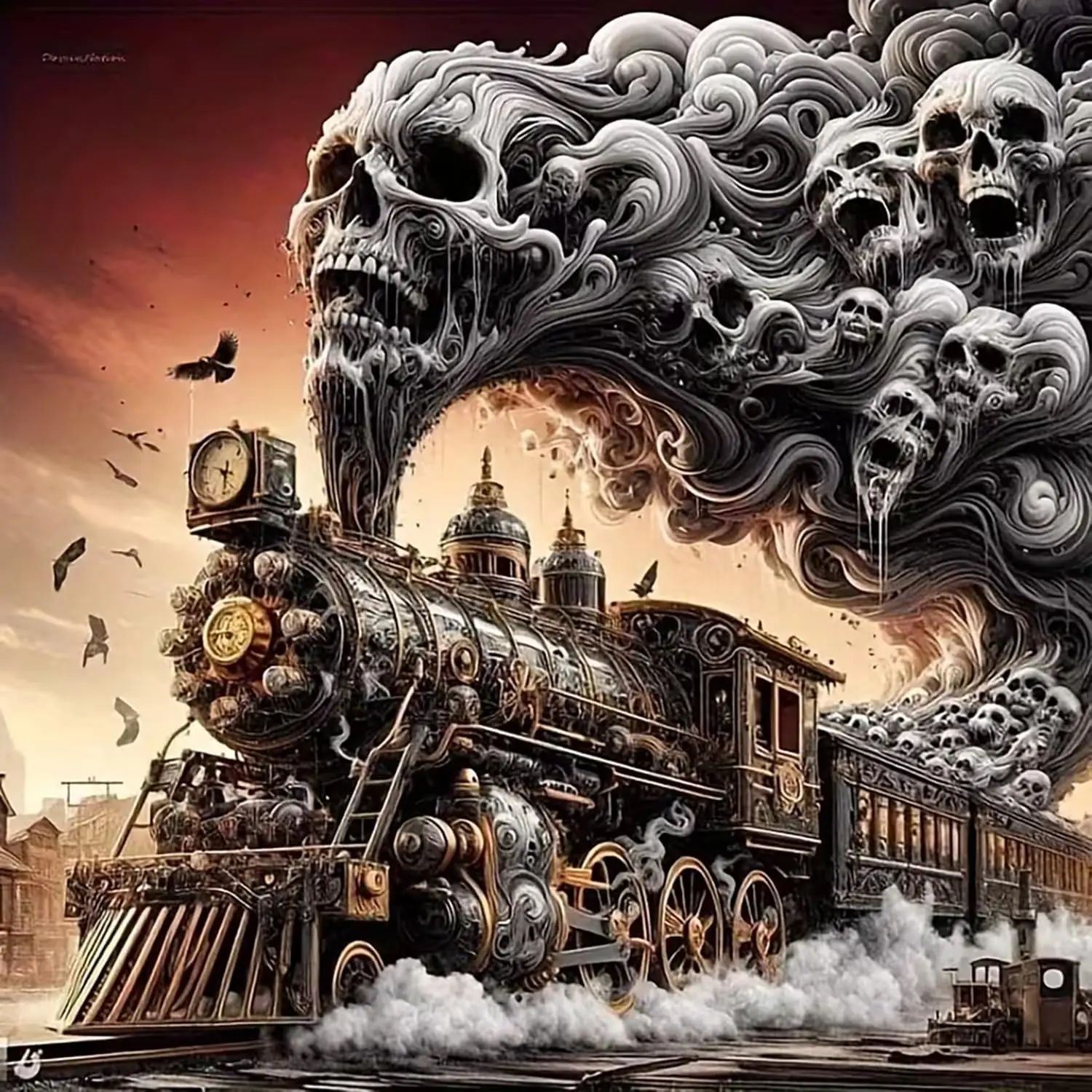5D Diamond Painting Kit Gothic Vintage Steam Locomotive Ghost Skull Smoke Crow Dark Fantasy Steampunk Train Ancient Town Sunset Scenery Crystal Rhinestone Wall Decor Gift