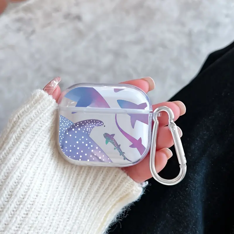 Aqua Shark Symphony Pattern TPU Soft Protective Case for Apple AirPods 4/3/2/1/Pro/Pro2 Transparent Earphone Cover with Keychain Attachment