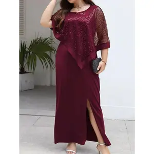 Spring/Summer New Plus Size Dress – Waist-Cinching Elegant Long Skirt, Elastic and Comfortable Fit, Business Commuter Style, Batwing Sleeves, Sequined Patchwork Design, Slit Detail, Round Neck, Top Seller, Party/Dinner/Gala Dress