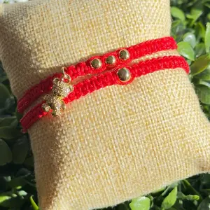 Red Macrame Bracelet with Gold Oso Charm and Beads for Women and Girls