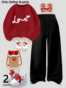 Teen Girls' 2-Piece Loungewear Set - "Love" Print Hoodie & Drawstring Loose-Fit Sweatpants, Festive Fall/Winter Loungewear