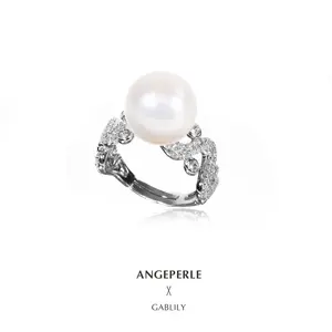 ANGEPERLE S925 Sterling Silver Freshwater Pearl Cablily Ring 11-12mm TSJCY506