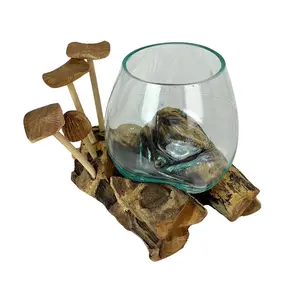 Glass Vase w/ Driftwood & Mushrooms - Unique Handcrafted Accent for Succulent Style