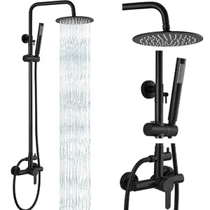 ATSHOWER Outdoor Shower Fixtures Stainless Steel Rain Exposed Shower Faucet System Kit High Pressure Wall Mounted 2 Dual Function 8 Inch Showerhead and Handheld Sprayer Combo, Single Handle, Matte Black or Brushed Nickel