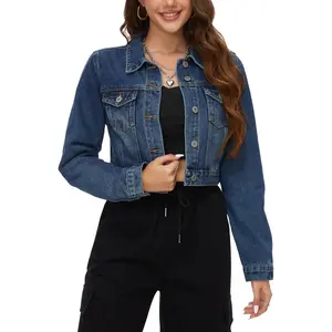 Cropped Jean Denim Jacket Button Down Long Sleeve with Pockets