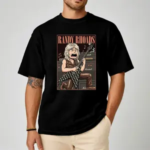 Randy Rhoads Guitar Legend Comic Comfort Color Letter Printed Tee Ring-Spun Cotton Soft-Washed T-Shirt Trendy Tops Perfect Gift