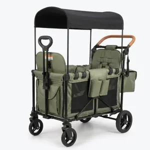 The Ultimate All-Terrain Double Stroller Wagon，EasyFold 3-Second Double Wagon Stroller，Stroller Wagon for 2 Kids, Premium All Terrain Wagon for Kids with Removable Canopy, Adjustable Push/Pull Handle, Harnesses, Large Storage Bag, Dark green