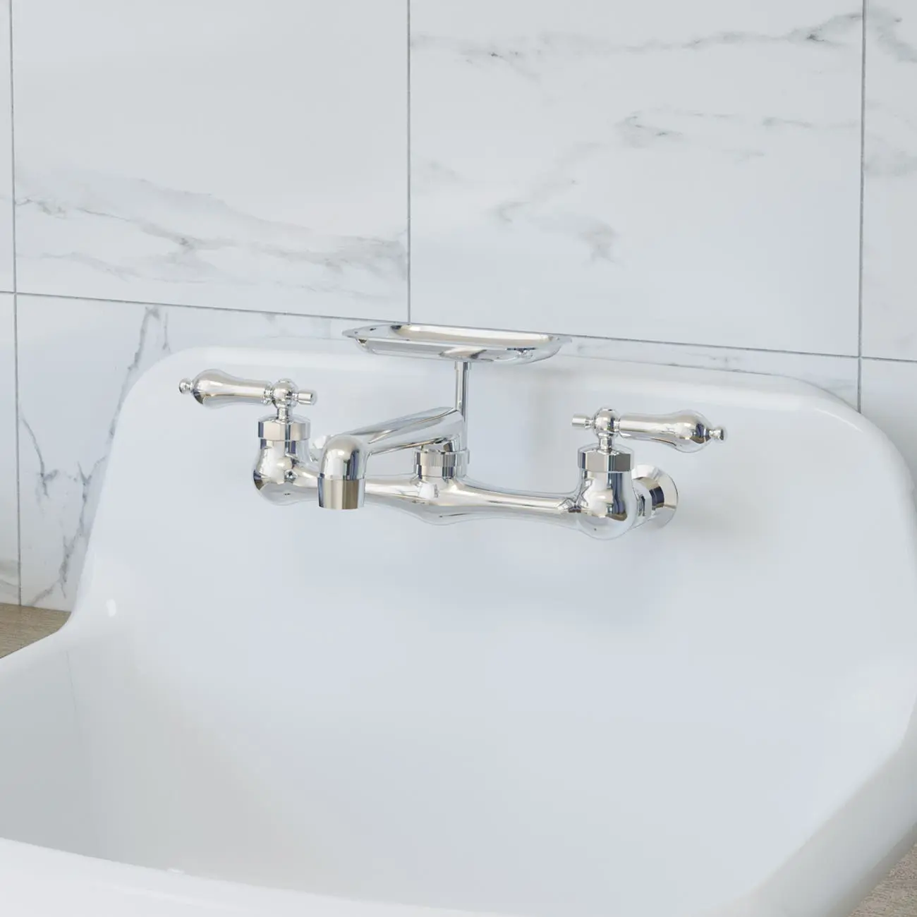 Wall Mount Utility Faucet with Soap Tray - Swivel Spout - Metal Lever Handles - Chrome