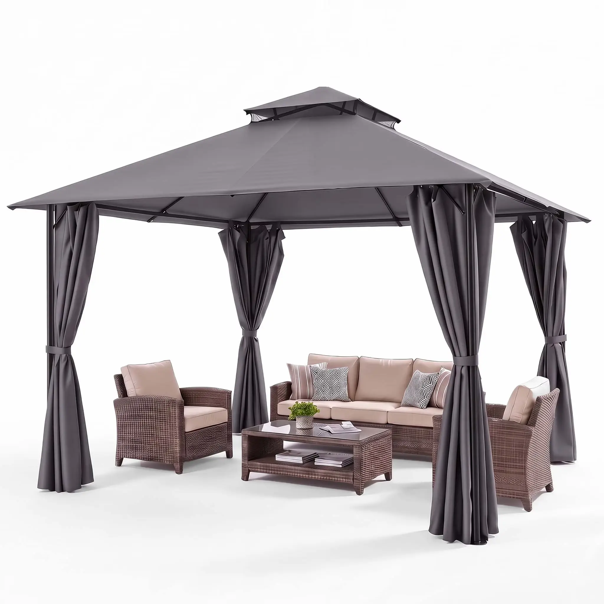 Canopy Tent Outdoor Gazebo Backyard Gazebo Patio with Curtains and Double Roof for Party, Wedding, BBQ and Event, Gray（Updated） Hoteel