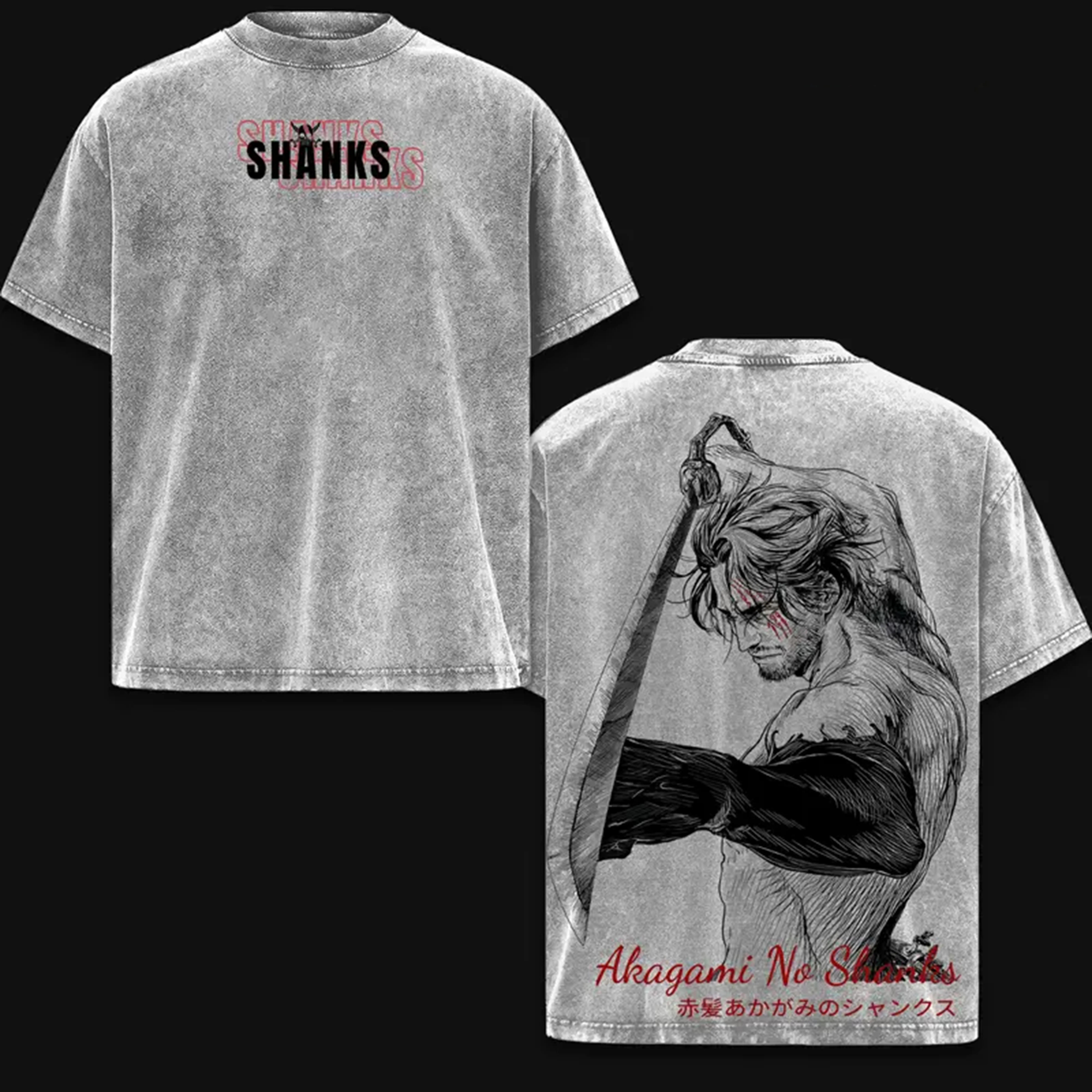 Akagami no Shanks Anime Double Printed Vintage Washed Tee Unisex Oversize Anime Manga Washed Heavyweight Cotton T-shirt