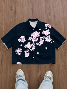 2026 New Men's Watercolor Cherry Blossom Print Floral Short Sleeve Shirt, Lightweight Breathable Fabric, Loose Fit, Casual Style