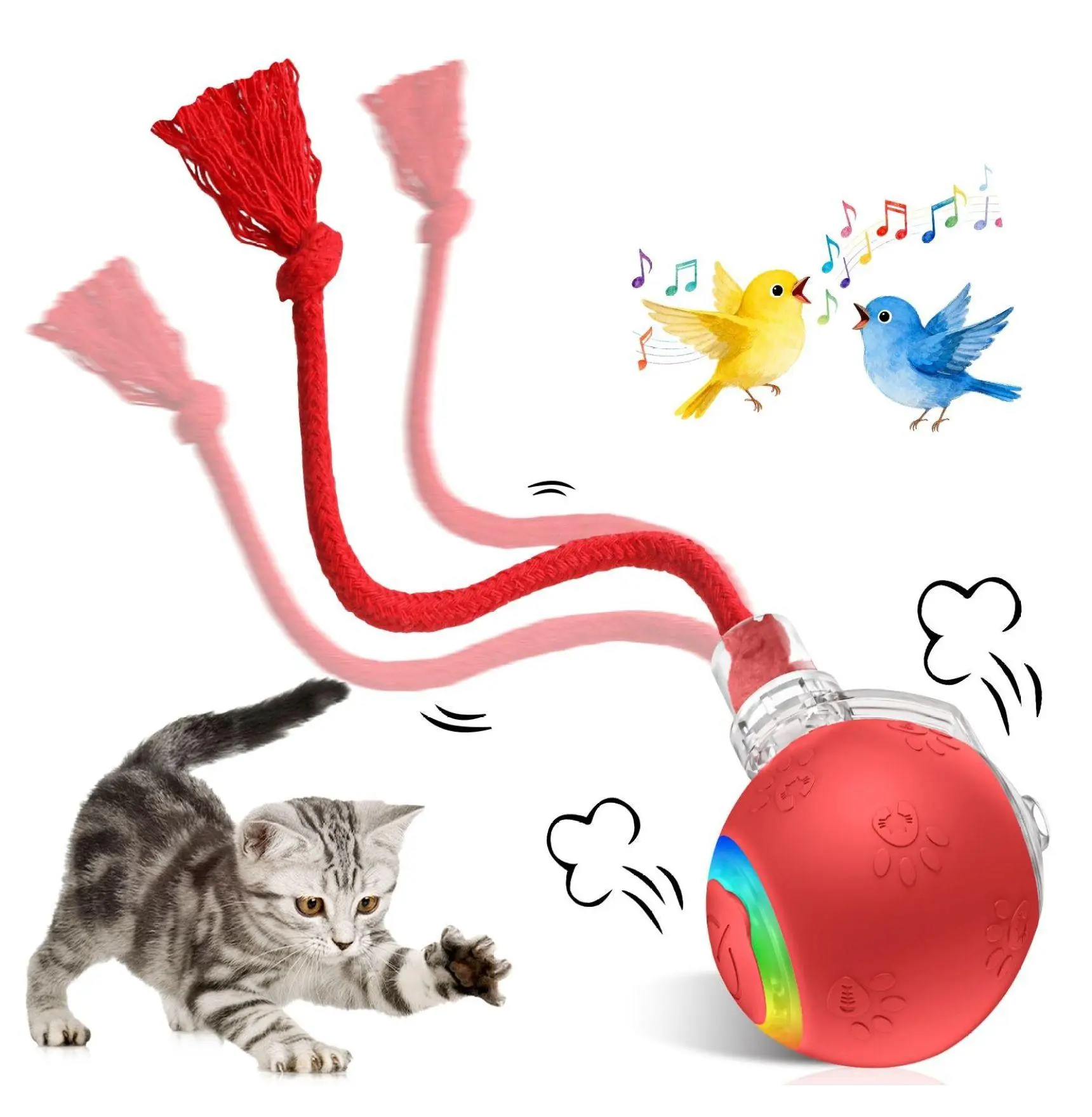 Durable Silicone Interactive Cat Ball Toy with Sound, Motion, LED Lights - Auto Play, Chirping, Obstacle Avoidance, Touch Activation, Realistic Effects, Dual Modes (Red) - Indoor Play for Kittens+Adults, 3.54 in Diameter, 3.54 Inches Diameter