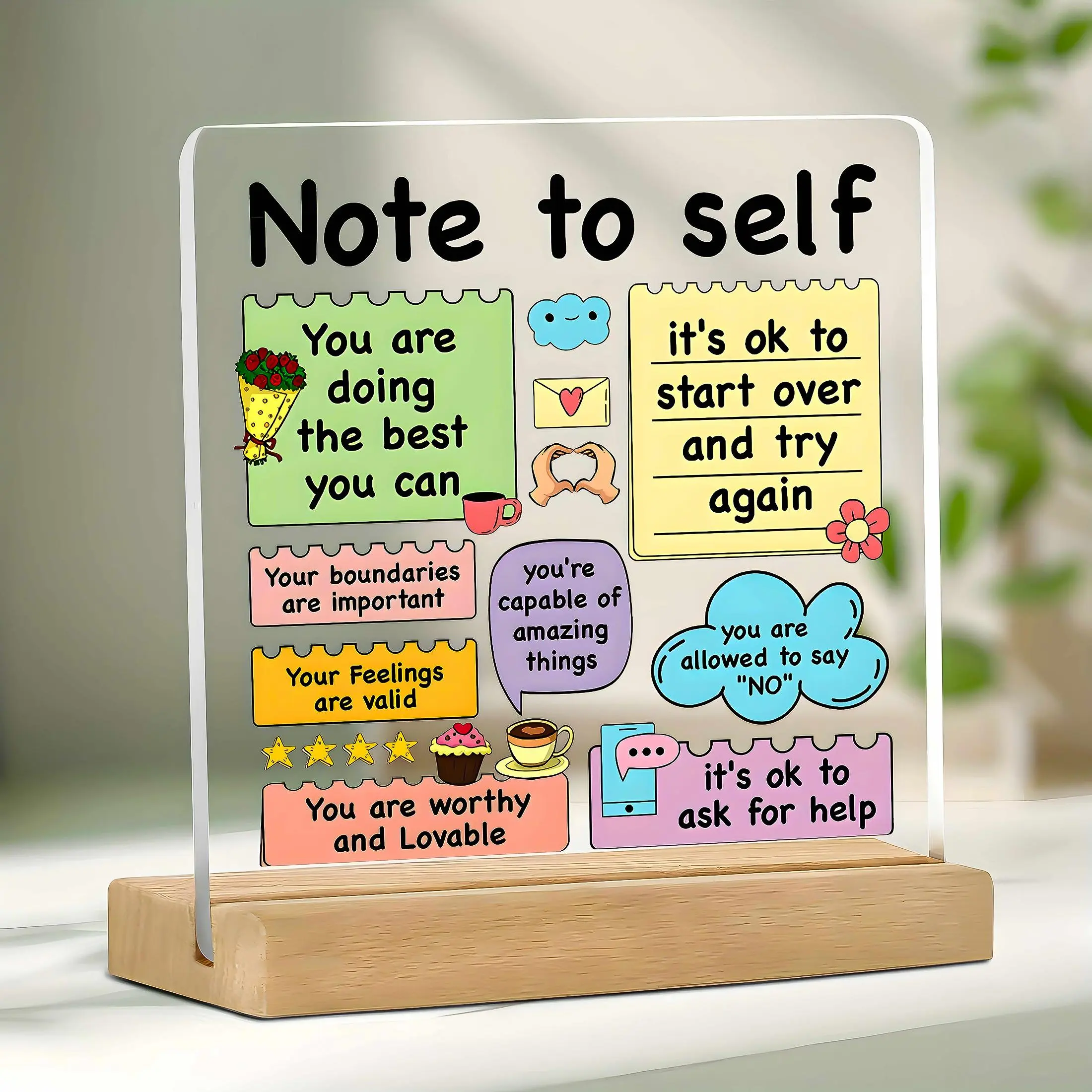 Motivational Desk Decor, Acrylic Plaque with Wooden Base, Inspirational Desk Decor for Teachers & Teens, Positive Affirmation, Mental Health Gifts, Signs, Desk Signs Ornament, Acrylic Desktop Decoration, Home Decor Products