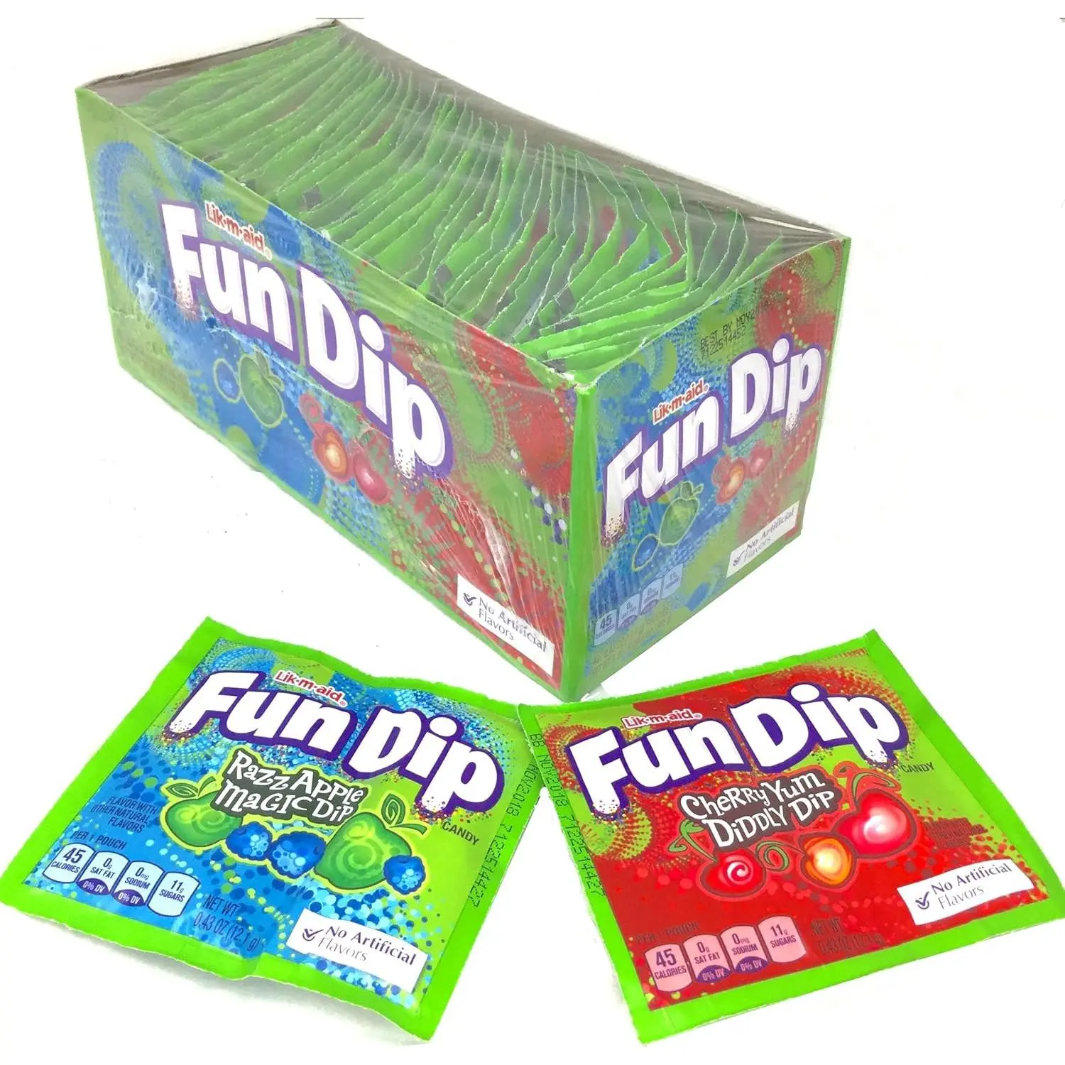 Lik-M-Aid Fun Dip 48 ct. - Smooth and Crunchy Candy Stick with Airy Powder in Cherry and Green Apple Flavors - 48 Count Pack Sweet Bonbon