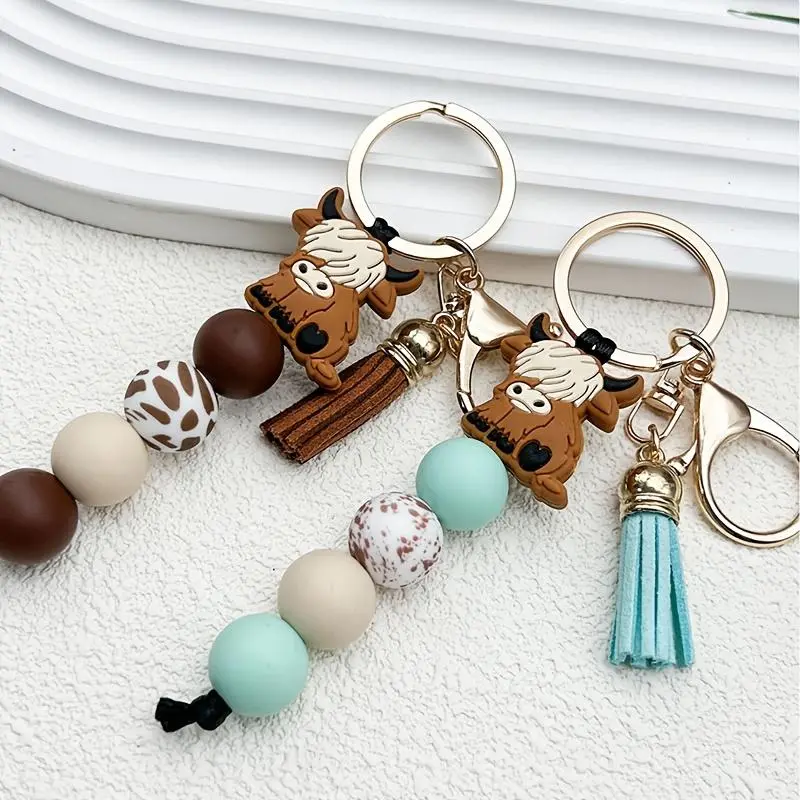 Highland Cow Silicone Beaded Keychain - Yak Design with Tassel, Short Key Ring, Backpack Ornament Pendant, Key Anti-Loss Chain, Beaded Charms Keychains, Gift for Friends, Animal Motif Keychains, Bag Charm Keychains