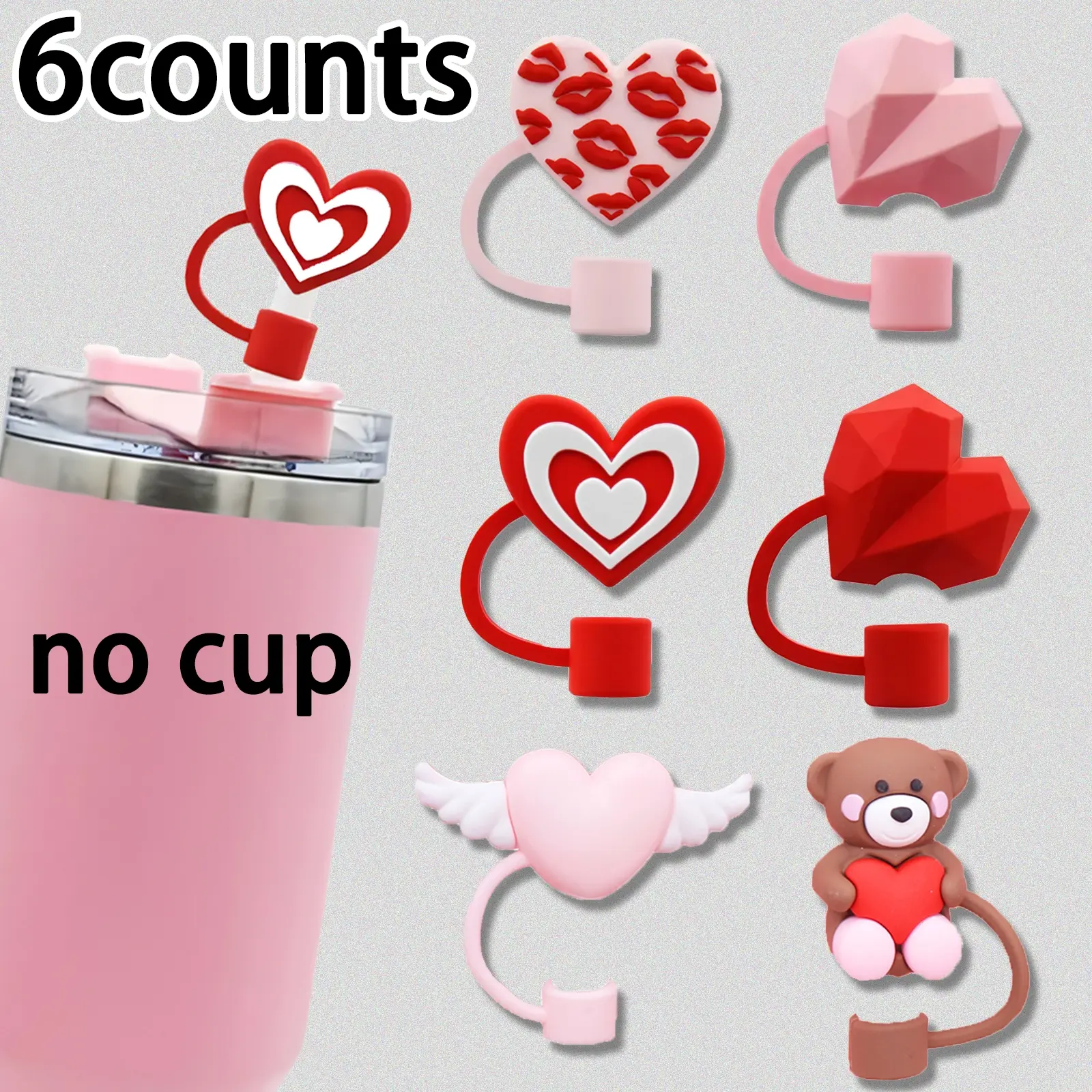 Heart Theme Straw Set, Reusable Straw Caps for 10mm Straws, Straw Spout Lid, Waterproof Cup Accessories, Drink Protectors, Birthday Gift, Christmas Gift, Valentine's Day Gift