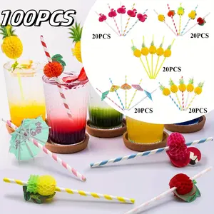 100PCS Pineapple Fruit Paper Straws, Disposable Plastic Drinking Straws, Tropical Hawaiian Beach Summer Pool Party Cocktail Decorations - Assorted Colors