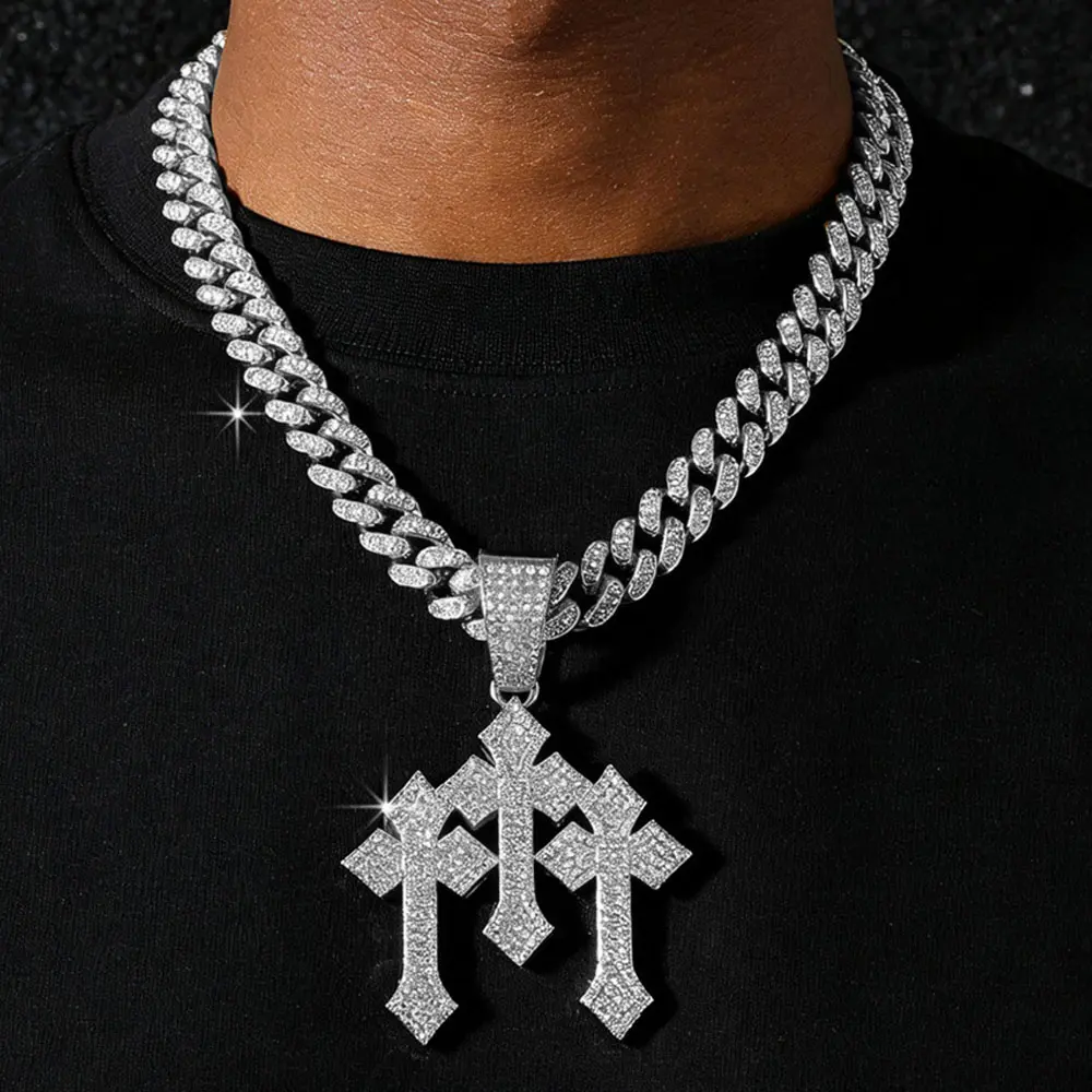 Iced Out 3 Cross Pendant Necklace for Men – Hip Hop Bling Chain, Full Diamond Triple Cross Charm with cuban link Chain, Trendy Streetwear Jewelry for Boyfriend Birthday Gift