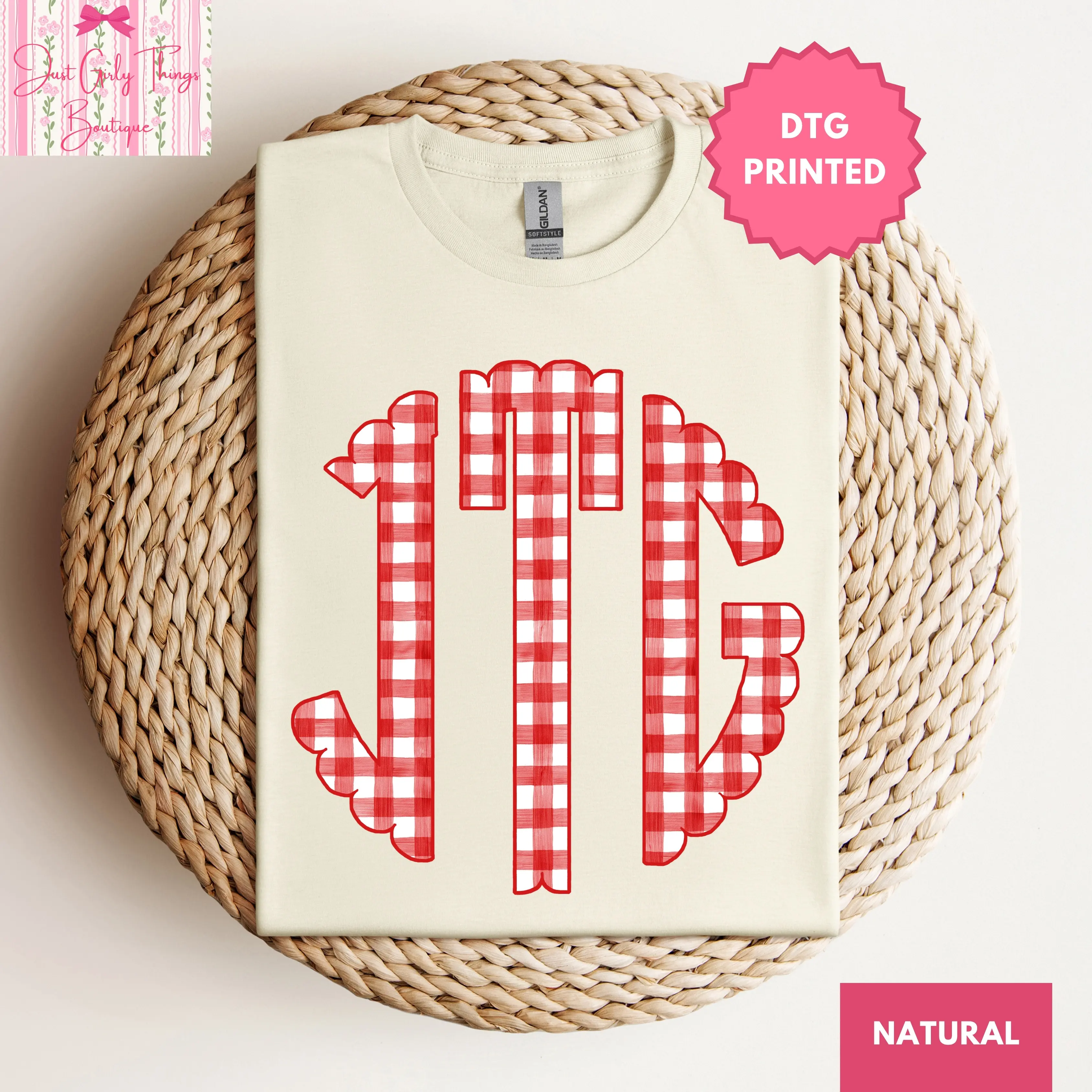 Red Gingham Custom Monogram Shirt - Gildan 64000 Softstyle Tee - (Leave First Name Initial, Last Name Initial, Middle Name Initial in Notes at Checkout), Custom Name Shirt, Personalized Name Shirt, Custom Monogram Shirt, Gingham Shirt