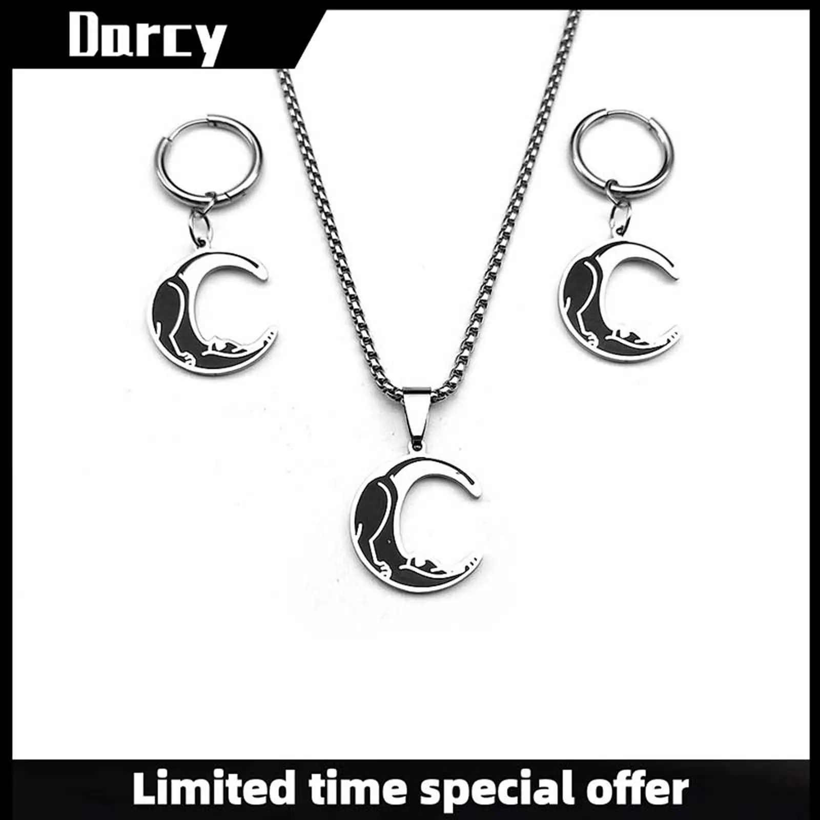 Black cat moon shape necklace earrings set titanium steel female jewelry