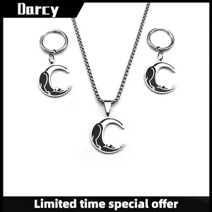 Black cat moon shape necklace earrings set titanium steel female jewelry