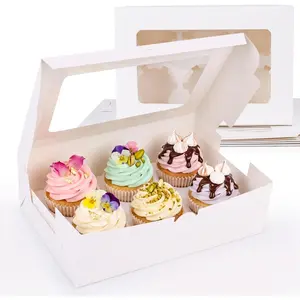 HONEYGIFTS 6 Count White Cupcake Boxes, 6 Sets Cupcake Carrier with Window Boxes Holding 36 Pastry Box for Birthday Holiday Party Bakery Supplies